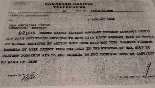 Canadian Army Casualty Notification - Sergeant HL Ditner, 4th Princess Louise Dragoon Guards